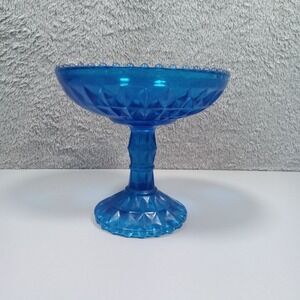 Vintage Blue Diamond Point Glass Compote Pedestal Candy Dish Beaded Rim 5.25in